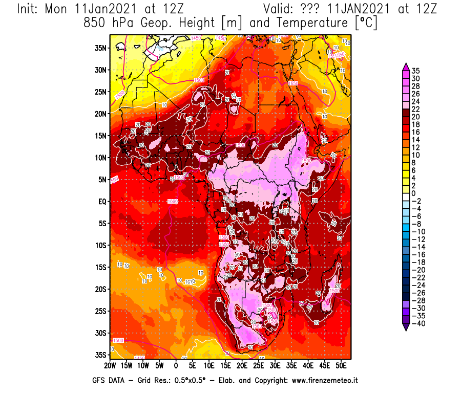 Mappa di analisi GFS - Geopotenziale [m] e Temperatura [°C] a 850 hPa in Africa
							del 11/01/2021 12 <!--googleoff: index-->UTC<!--googleon: index-->