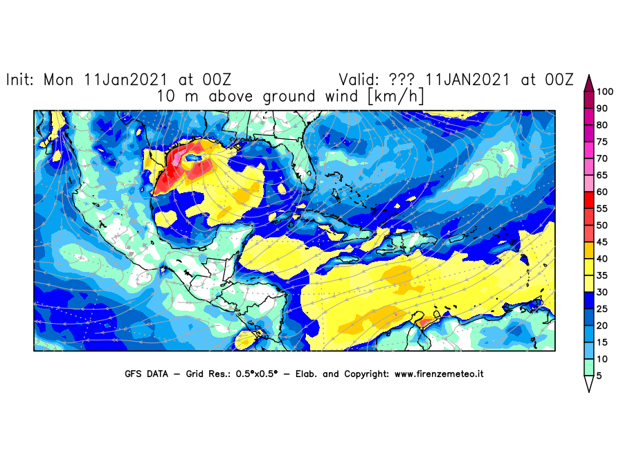 Mappa di analisi GFS - Velocità del vento a 10 metri dal suolo [km/h] in Centro-America
							del 11/01/2021 00 <!--googleoff: index-->UTC<!--googleon: index-->