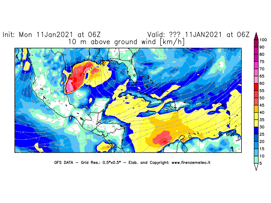 Mappa di analisi GFS - Velocità del vento a 10 metri dal suolo [km/h] in Centro-America
							del 11/01/2021 06 <!--googleoff: index-->UTC<!--googleon: index-->