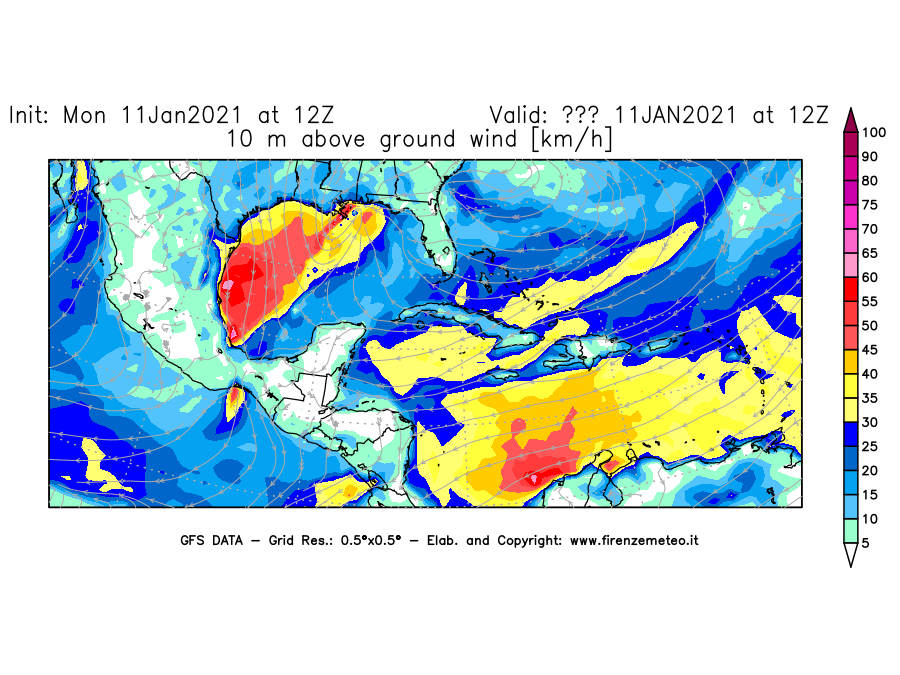 Mappa di analisi GFS - Velocità del vento a 10 metri dal suolo [km/h] in Centro-America
							del 11/01/2021 12 <!--googleoff: index-->UTC<!--googleon: index-->