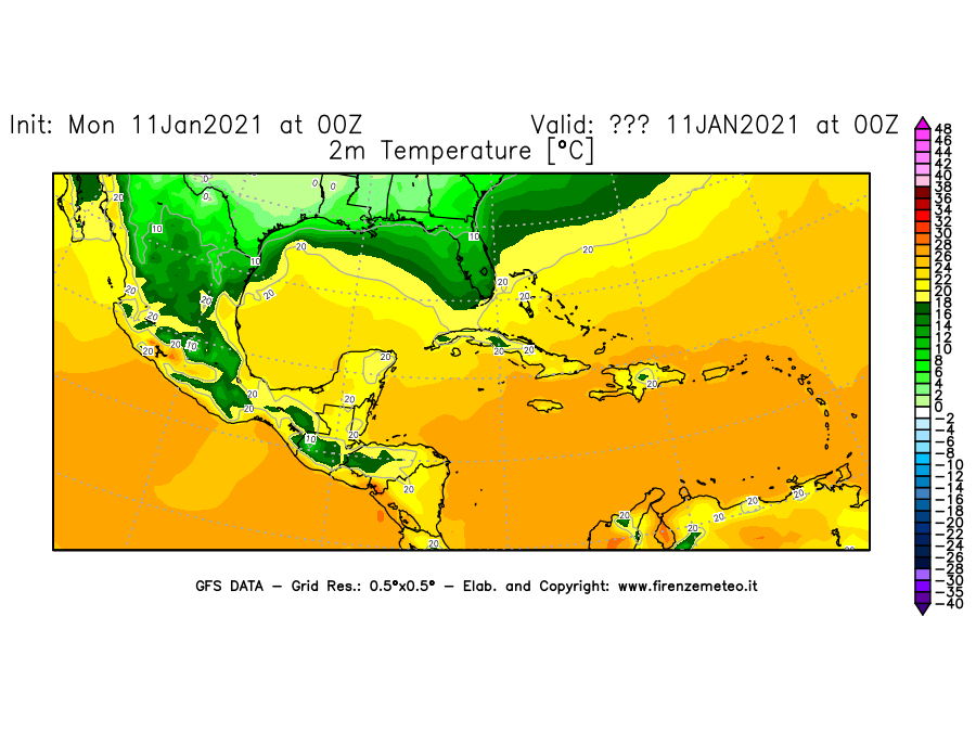 Mappa di analisi GFS - Temperatura a 2 metri dal suolo [°C] in Centro-America
							del 11/01/2021 00 <!--googleoff: index-->UTC<!--googleon: index-->