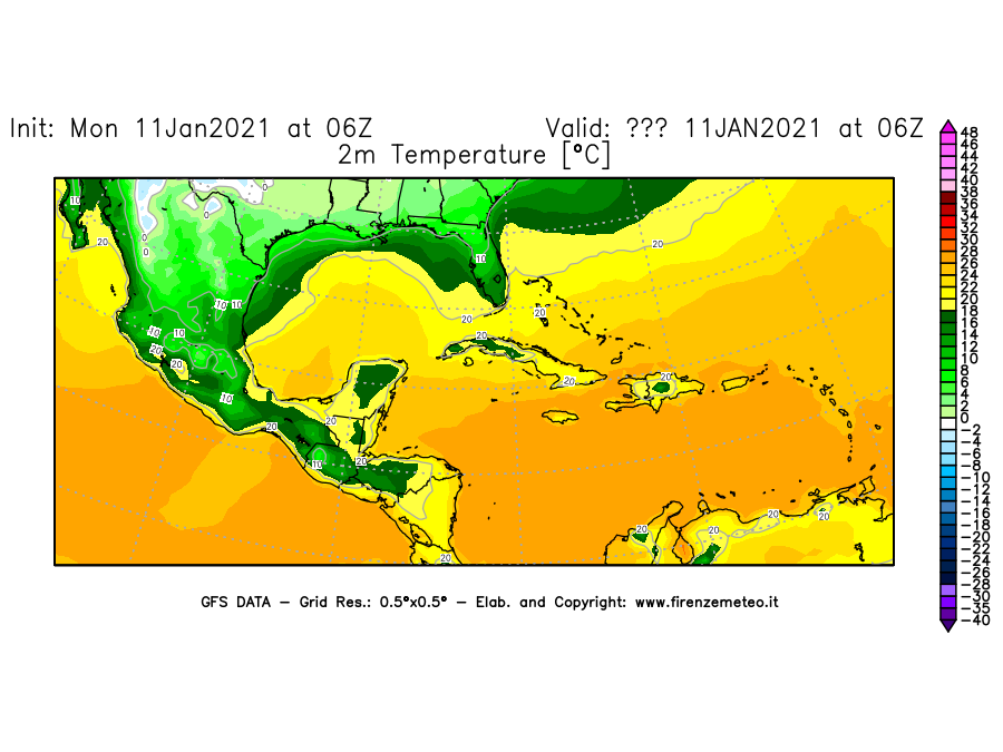 Mappa di analisi GFS - Temperatura a 2 metri dal suolo [°C] in Centro-America
							del 11/01/2021 06 <!--googleoff: index-->UTC<!--googleon: index-->