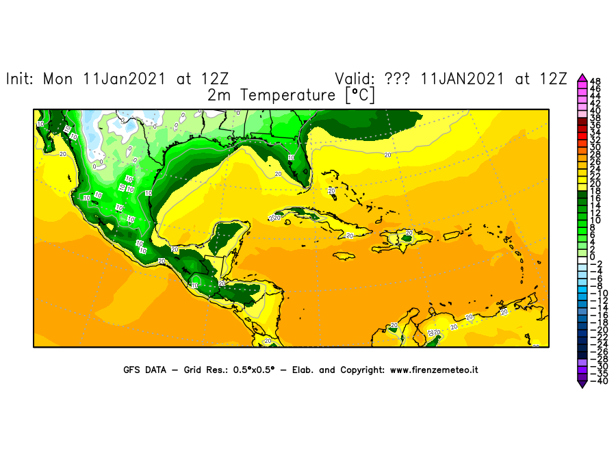 Mappa di analisi GFS - Temperatura a 2 metri dal suolo [°C] in Centro-America
							del 11/01/2021 12 <!--googleoff: index-->UTC<!--googleon: index-->