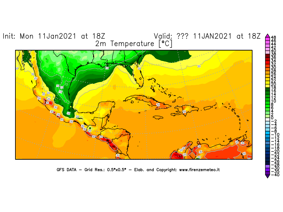 Mappa di analisi GFS - Temperatura a 2 metri dal suolo [°C] in Centro-America
							del 11/01/2021 18 <!--googleoff: index-->UTC<!--googleon: index-->