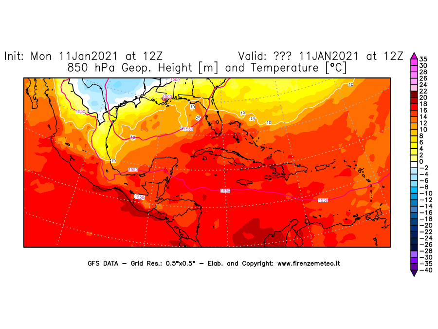 Mappa di analisi GFS - Geopotenziale [m] e Temperatura [°C] a 850 hPa in Centro-America
							del 11/01/2021 12 <!--googleoff: index-->UTC<!--googleon: index-->