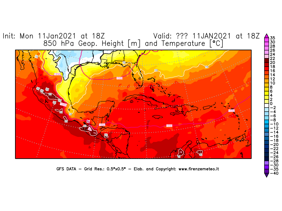 Mappa di analisi GFS - Geopotenziale [m] e Temperatura [°C] a 850 hPa in Centro-America
							del 11/01/2021 18 <!--googleoff: index-->UTC<!--googleon: index-->