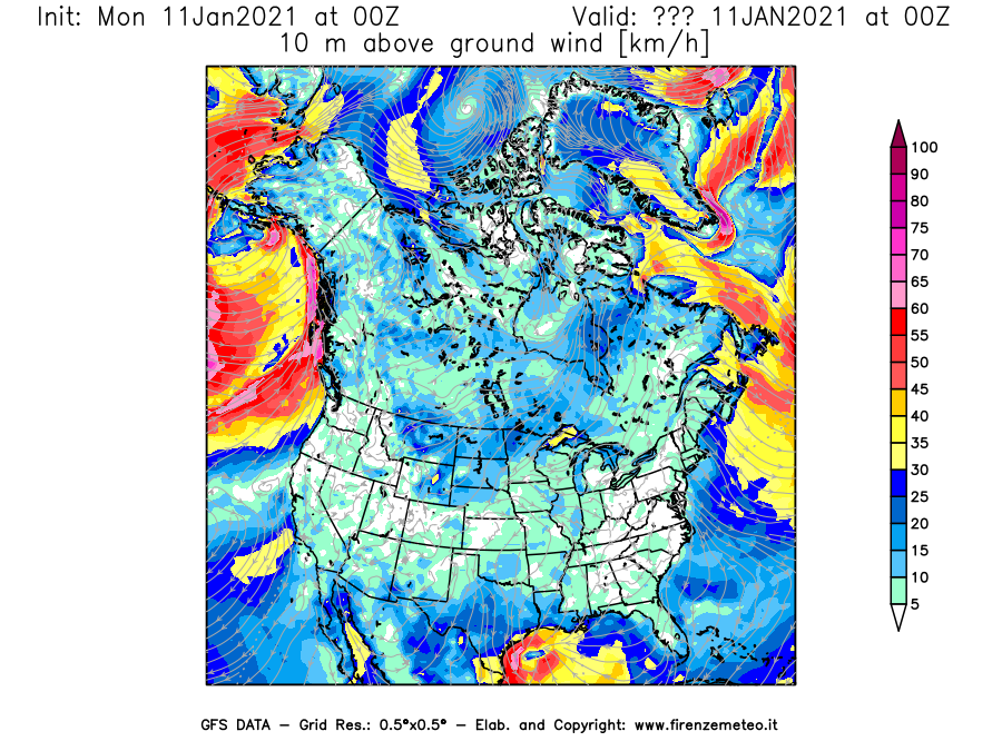 Mappa di analisi GFS - Velocità del vento a 10 metri dal suolo [km/h] in Nord-America
							del 11/01/2021 00 <!--googleoff: index-->UTC<!--googleon: index-->