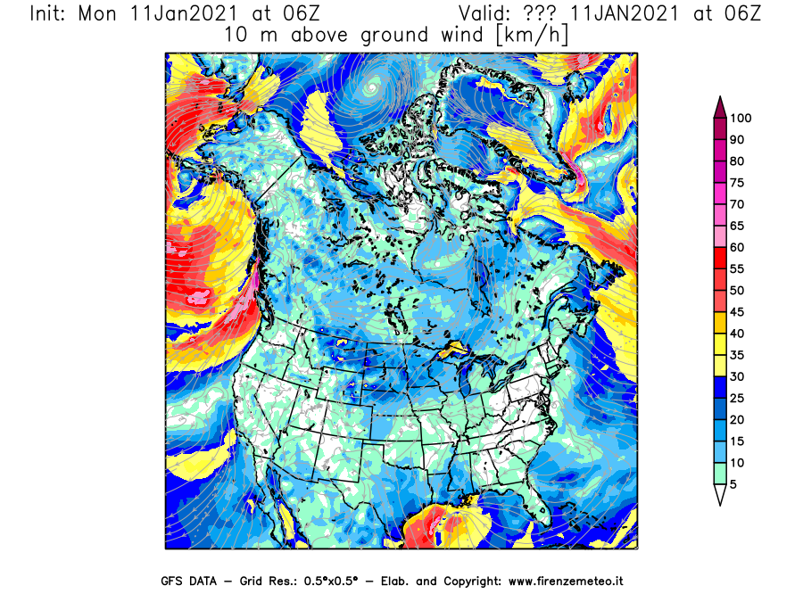 Mappa di analisi GFS - Velocità del vento a 10 metri dal suolo [km/h] in Nord-America
							del 11/01/2021 06 <!--googleoff: index-->UTC<!--googleon: index-->