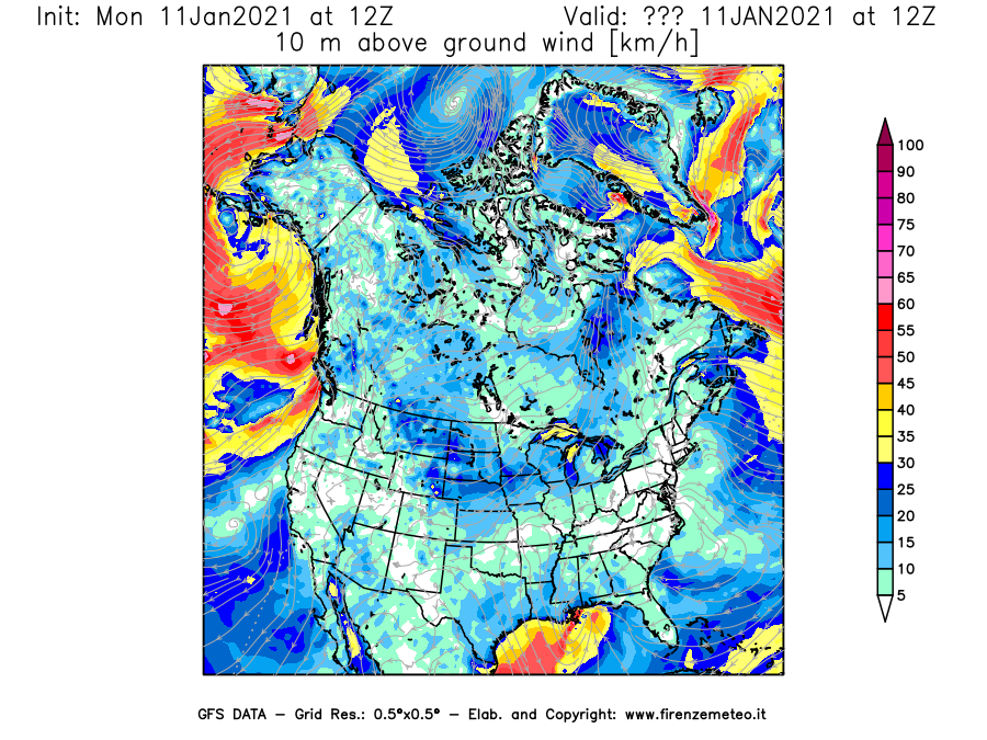 Mappa di analisi GFS - Velocità del vento a 10 metri dal suolo [km/h] in Nord-America
							del 11/01/2021 12 <!--googleoff: index-->UTC<!--googleon: index-->