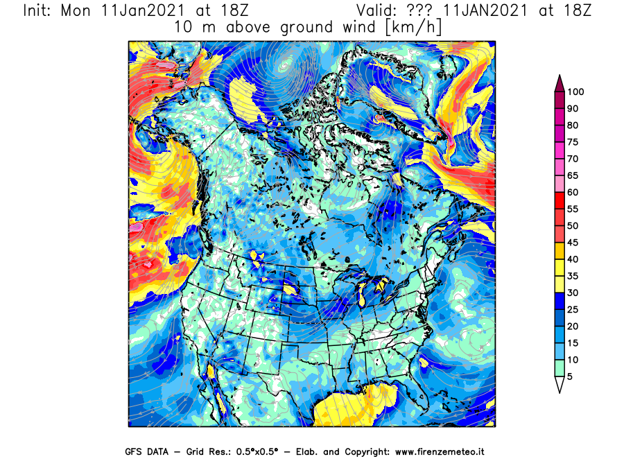 Mappa di analisi GFS - Velocità del vento a 10 metri dal suolo [km/h] in Nord-America
							del 11/01/2021 18 <!--googleoff: index-->UTC<!--googleon: index-->