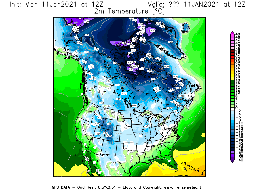 Mappa di analisi GFS - Temperatura a 2 metri dal suolo [°C] in Nord-America
							del 11/01/2021 12 <!--googleoff: index-->UTC<!--googleon: index-->