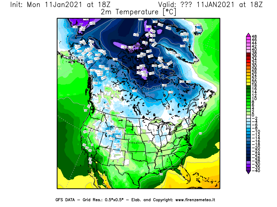 Mappa di analisi GFS - Temperatura a 2 metri dal suolo [°C] in Nord-America
							del 11/01/2021 18 <!--googleoff: index-->UTC<!--googleon: index-->
