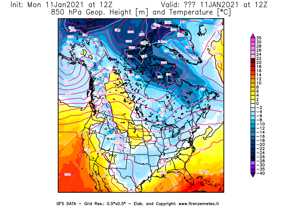 Mappa di analisi GFS - Geopotenziale [m] e Temperatura [°C] a 850 hPa in Nord-America
							del 11/01/2021 12 <!--googleoff: index-->UTC<!--googleon: index-->