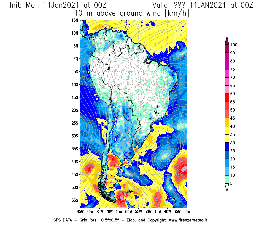 Mappa di analisi GFS - Velocità del vento a 10 metri dal suolo [km/h] in Sud-America
							del 11/01/2021 00 <!--googleoff: index-->UTC<!--googleon: index-->