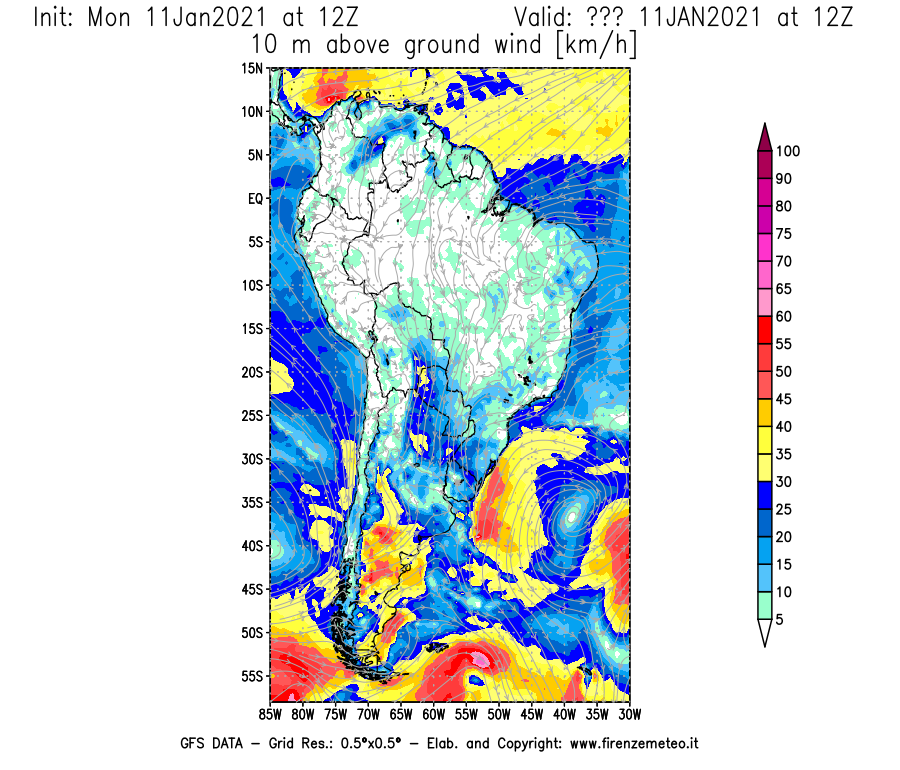 Mappa di analisi GFS - Velocità del vento a 10 metri dal suolo [km/h] in Sud-America
							del 11/01/2021 12 <!--googleoff: index-->UTC<!--googleon: index-->