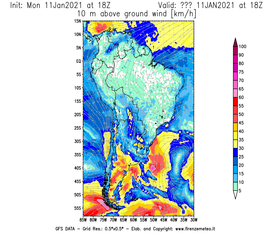 Mappa di analisi GFS - Velocità del vento a 10 metri dal suolo [km/h] in Sud-America
							del 11/01/2021 18 <!--googleoff: index-->UTC<!--googleon: index-->