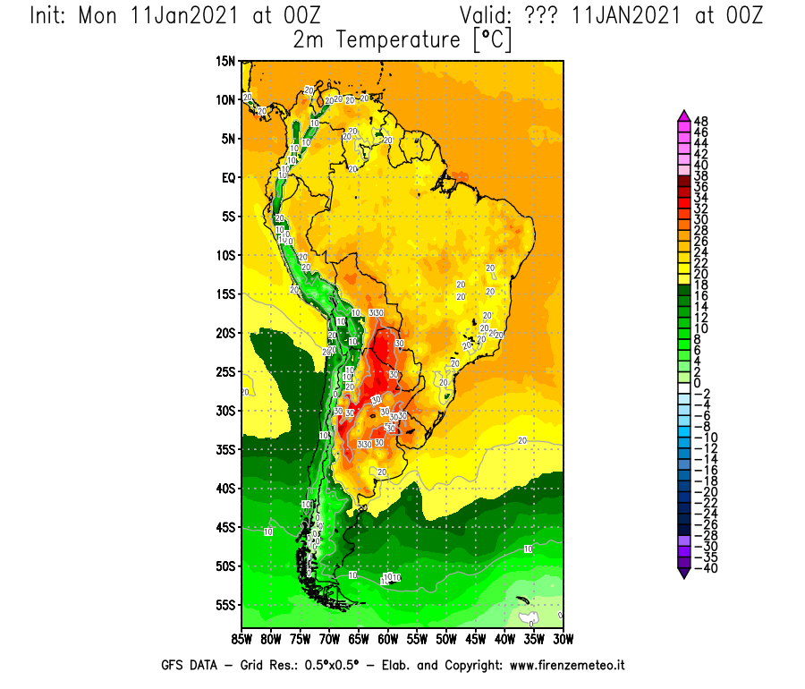Mappa di analisi GFS - Temperatura a 2 metri dal suolo [°C] in Sud-America
							del 11/01/2021 00 <!--googleoff: index-->UTC<!--googleon: index-->