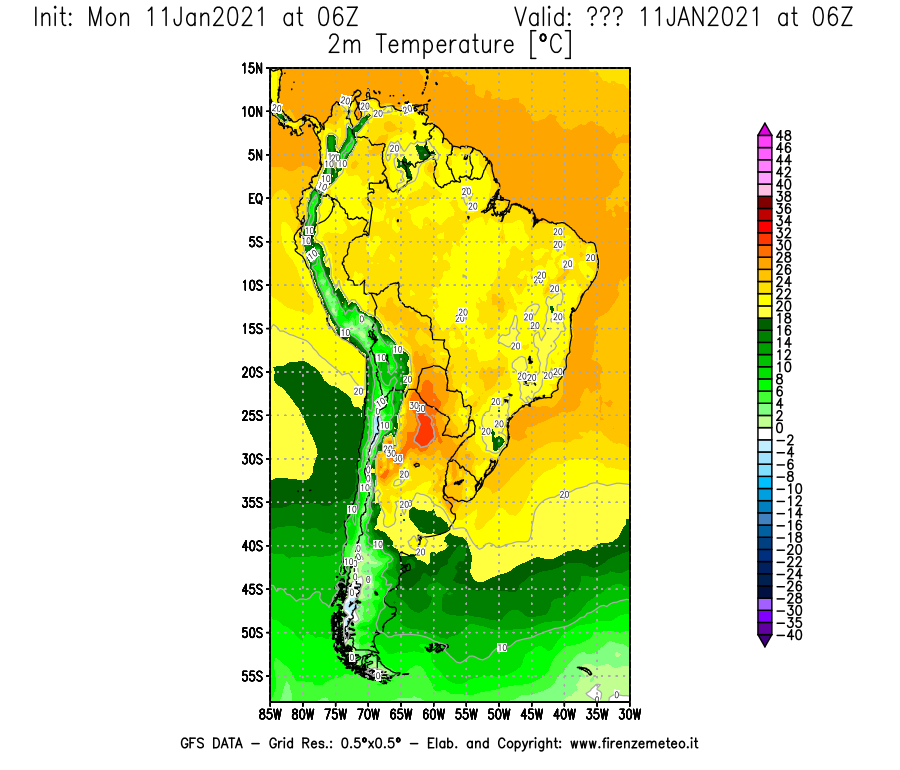 Mappa di analisi GFS - Temperatura a 2 metri dal suolo [°C] in Sud-America
							del 11/01/2021 06 <!--googleoff: index-->UTC<!--googleon: index-->