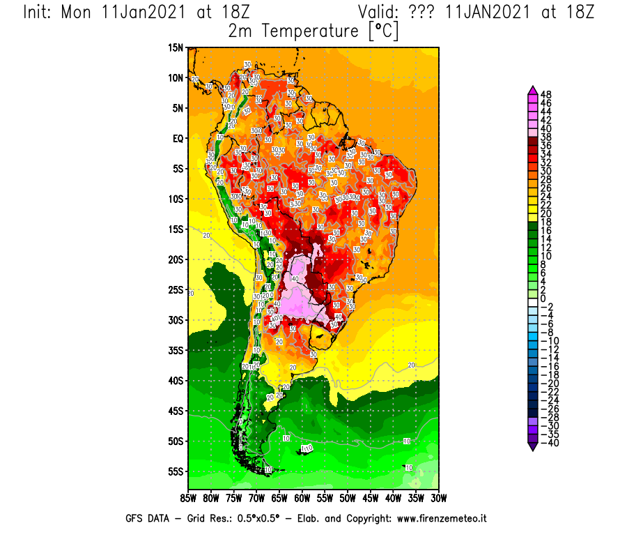 Mappa di analisi GFS - Temperatura a 2 metri dal suolo [°C] in Sud-America
							del 11/01/2021 18 <!--googleoff: index-->UTC<!--googleon: index-->