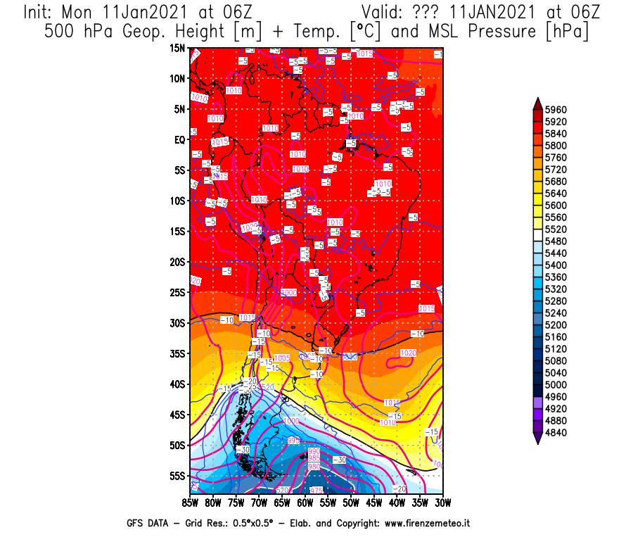 Mappa di analisi GFS - Geopotenziale [m] + Temp. [°C] a 500 hPa + Press. a livello del mare [hPa] in Sud-America
							del 11/01/2021 06 <!--googleoff: index-->UTC<!--googleon: index-->
