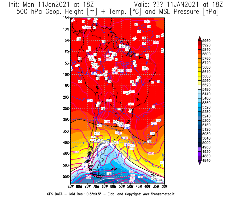 Mappa di analisi GFS - Geopotenziale [m] + Temp. [°C] a 500 hPa + Press. a livello del mare [hPa] in Sud-America
							del 11/01/2021 18 <!--googleoff: index-->UTC<!--googleon: index-->