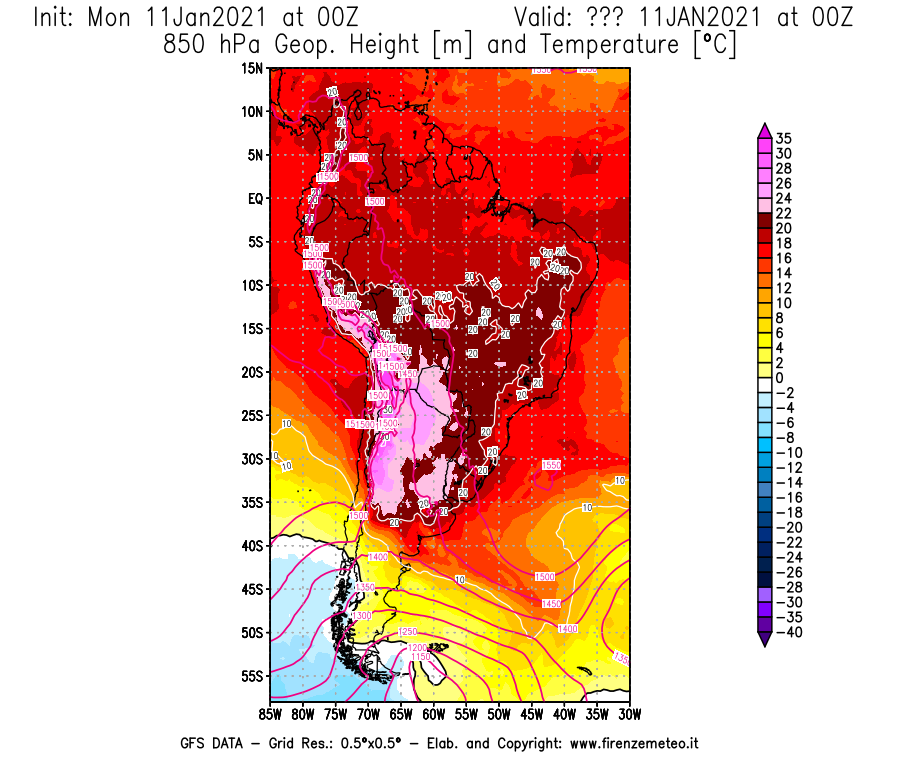 Mappa di analisi GFS - Geopotenziale [m] e Temperatura [°C] a 850 hPa in Sud-America
							del 11/01/2021 00 <!--googleoff: index-->UTC<!--googleon: index-->