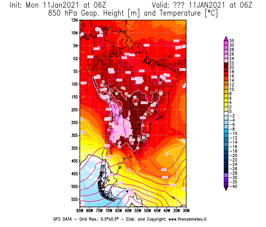 Mappa di analisi GFS - Geopotenziale [m] e Temperatura [°C] a 850 hPa in Sud-America
							del 11/01/2021 06 <!--googleoff: index-->UTC<!--googleon: index-->