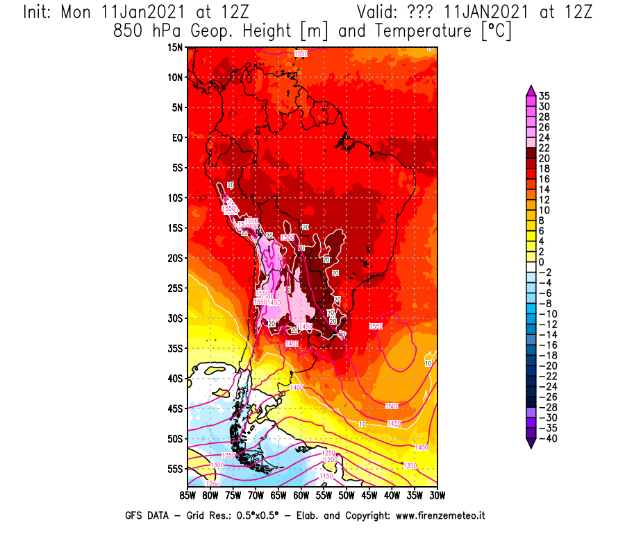 Mappa di analisi GFS - Geopotenziale [m] e Temperatura [°C] a 850 hPa in Sud-America
							del 11/01/2021 12 <!--googleoff: index-->UTC<!--googleon: index-->