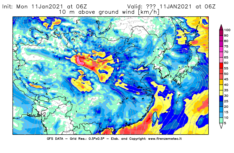 Mappa di analisi GFS - Velocità del vento a 10 metri dal suolo [km/h] in Asia Orientale
							del 11/01/2021 06 <!--googleoff: index-->UTC<!--googleon: index-->