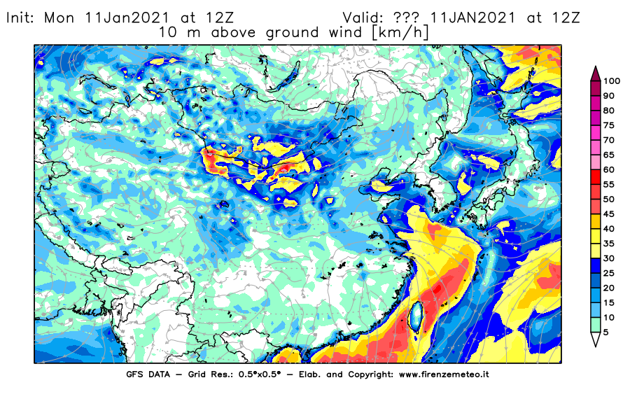 Mappa di analisi GFS - Velocità del vento a 10 metri dal suolo [km/h] in Asia Orientale
							del 11/01/2021 12 <!--googleoff: index-->UTC<!--googleon: index-->