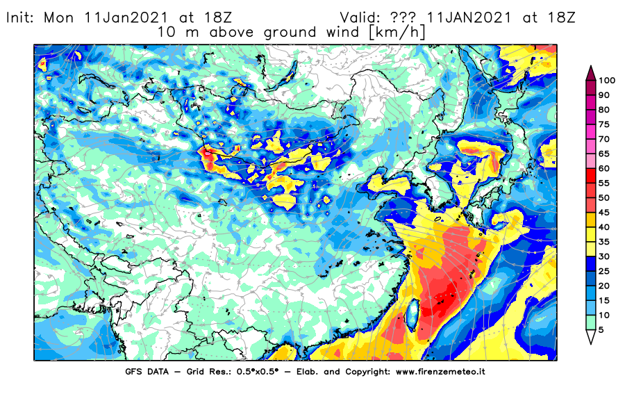 Mappa di analisi GFS - Velocità del vento a 10 metri dal suolo [km/h] in Asia Orientale
							del 11/01/2021 18 <!--googleoff: index-->UTC<!--googleon: index-->
