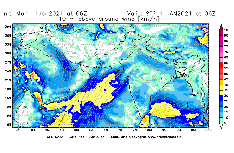 Mappa di analisi GFS - Velocità del vento a 10 metri dal suolo [km/h] in Asia Sud-Occidentale
							del 11/01/2021 06 <!--googleoff: index-->UTC<!--googleon: index-->