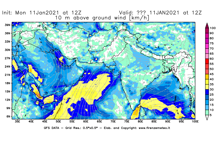 Mappa di analisi GFS - Velocità del vento a 10 metri dal suolo [km/h] in Asia Sud-Occidentale
							del 11/01/2021 12 <!--googleoff: index-->UTC<!--googleon: index-->