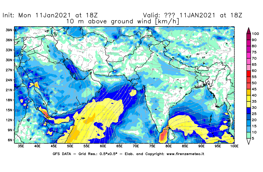 Mappa di analisi GFS - Velocità del vento a 10 metri dal suolo [km/h] in Asia Sud-Occidentale
							del 11/01/2021 18 <!--googleoff: index-->UTC<!--googleon: index-->