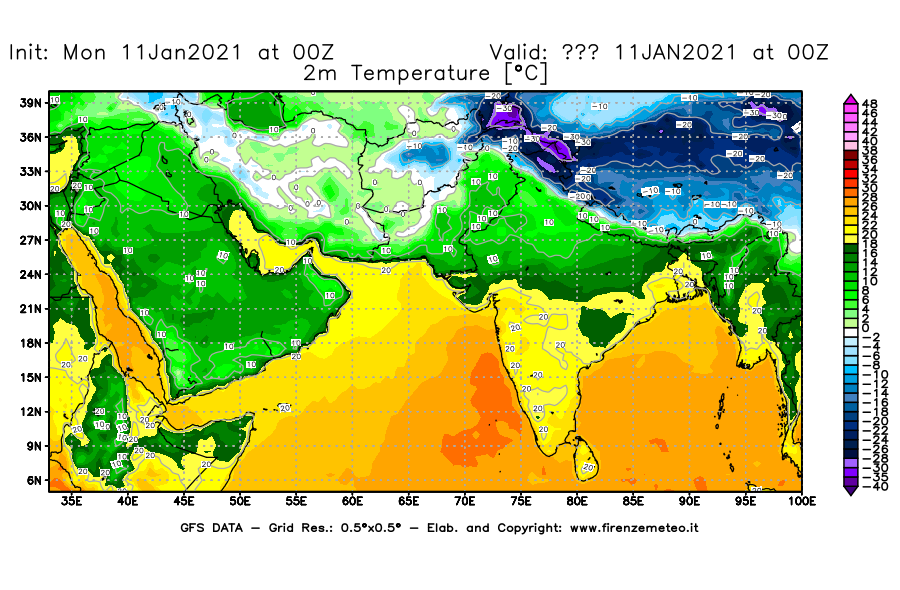 Mappa di analisi GFS - Temperatura a 2 metri dal suolo [°C] in Asia Sud-Occidentale
							del 11/01/2021 00 <!--googleoff: index-->UTC<!--googleon: index-->