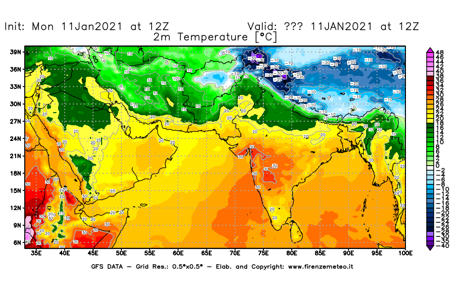 Mappa di analisi GFS - Temperatura a 2 metri dal suolo [°C] in Asia Sud-Occidentale
							del 11/01/2021 12 <!--googleoff: index-->UTC<!--googleon: index-->