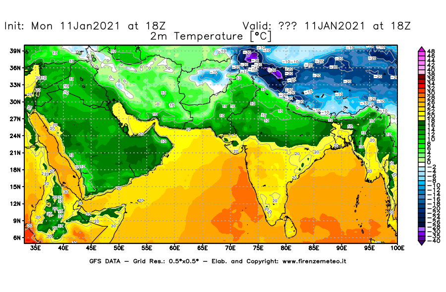 Mappa di analisi GFS - Temperatura a 2 metri dal suolo [°C] in Asia Sud-Occidentale
							del 11/01/2021 18 <!--googleoff: index-->UTC<!--googleon: index-->