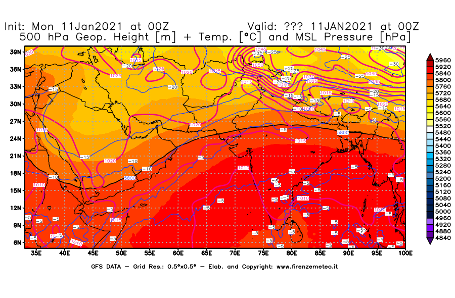 Mappa di analisi GFS - Geopotenziale [m] + Temp. [°C] a 500 hPa + Press. a livello del mare [hPa] in Asia Sud-Occidentale
							del 11/01/2021 00 <!--googleoff: index-->UTC<!--googleon: index-->