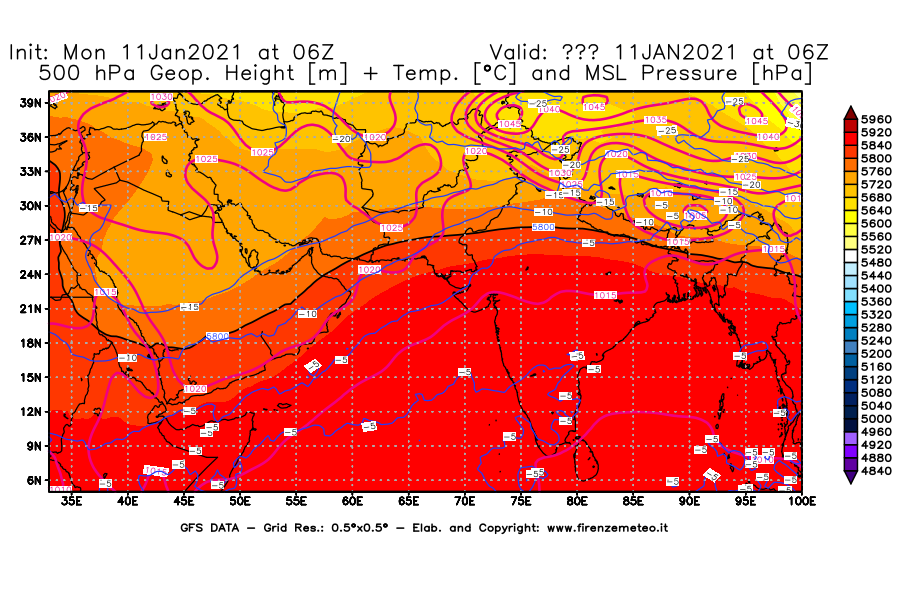 Mappa di analisi GFS - Geopotenziale [m] + Temp. [°C] a 500 hPa + Press. a livello del mare [hPa] in Asia Sud-Occidentale
							del 11/01/2021 06 <!--googleoff: index-->UTC<!--googleon: index-->