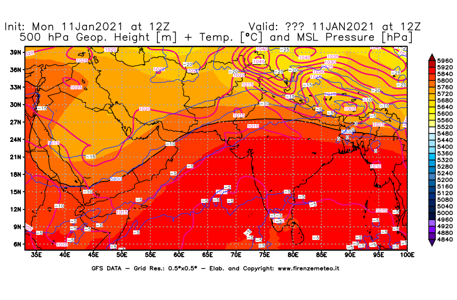 Mappa di analisi GFS - Geopotenziale [m] + Temp. [°C] a 500 hPa + Press. a livello del mare [hPa] in Asia Sud-Occidentale
							del 11/01/2021 12 <!--googleoff: index-->UTC<!--googleon: index-->