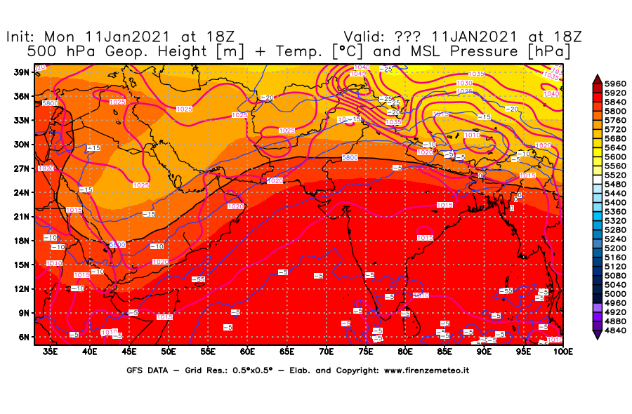 Mappa di analisi GFS - Geopotenziale [m] + Temp. [°C] a 500 hPa + Press. a livello del mare [hPa] in Asia Sud-Occidentale
							del 11/01/2021 18 <!--googleoff: index-->UTC<!--googleon: index-->