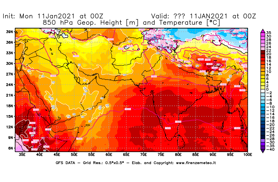 Mappa di analisi GFS - Geopotenziale [m] e Temperatura [°C] a 850 hPa in Asia Sud-Occidentale
							del 11/01/2021 00 <!--googleoff: index-->UTC<!--googleon: index-->
