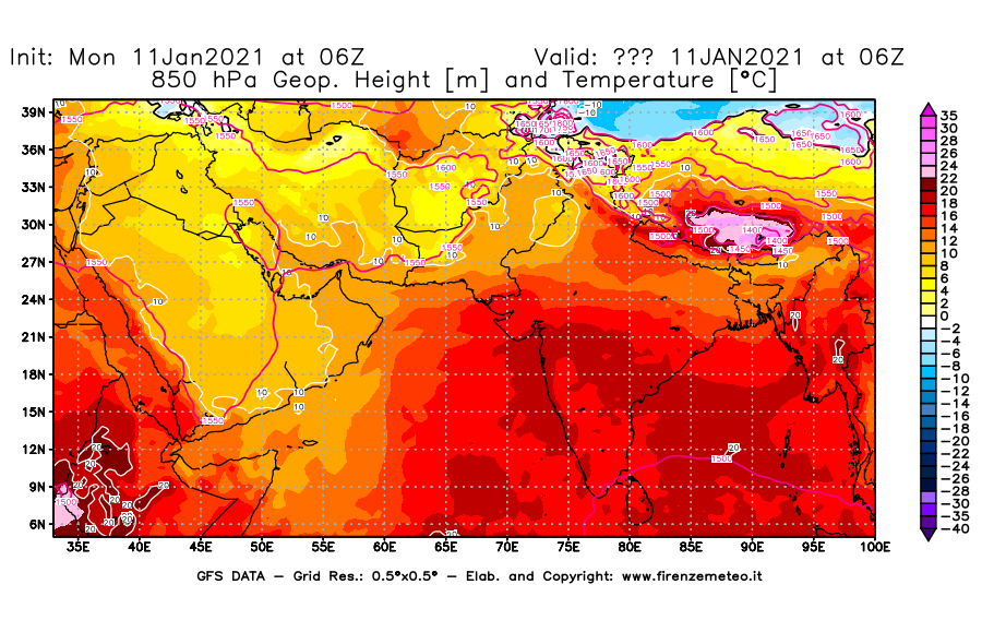 Mappa di analisi GFS - Geopotenziale [m] e Temperatura [°C] a 850 hPa in Asia Sud-Occidentale
							del 11/01/2021 06 <!--googleoff: index-->UTC<!--googleon: index-->