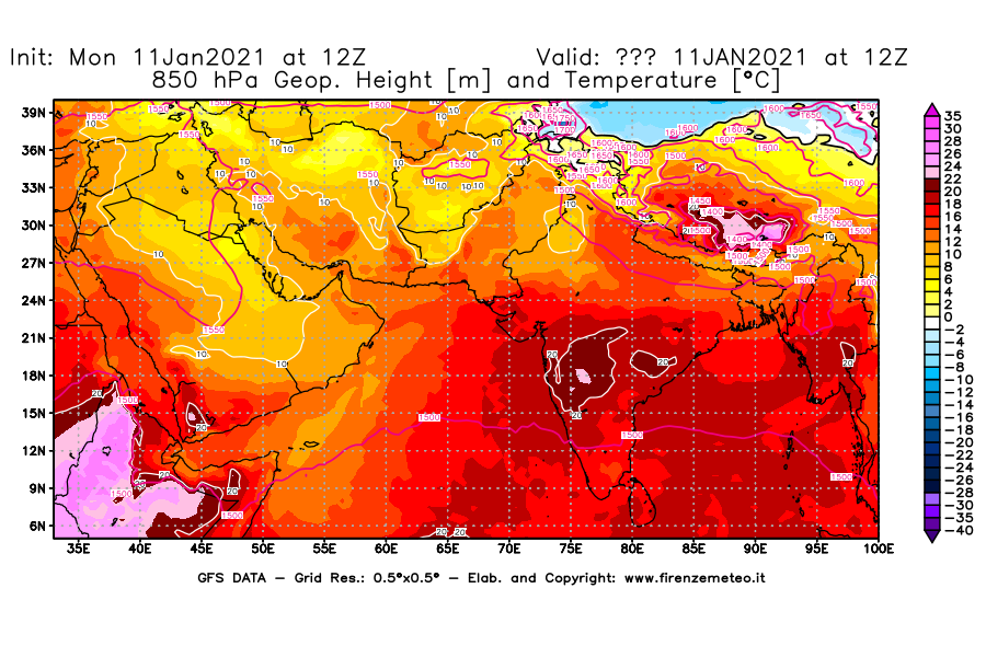 Mappa di analisi GFS - Geopotenziale [m] e Temperatura [°C] a 850 hPa in Asia Sud-Occidentale
							del 11/01/2021 12 <!--googleoff: index-->UTC<!--googleon: index-->