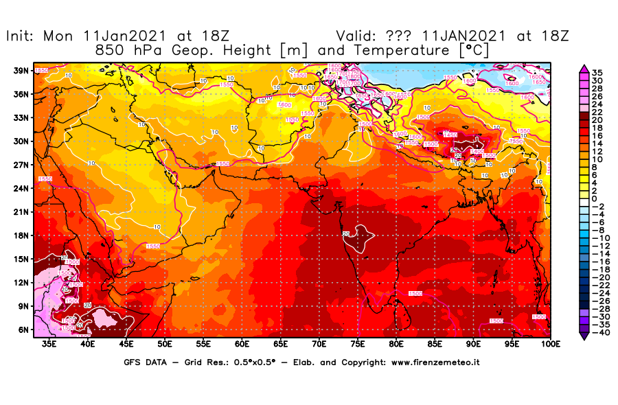 Mappa di analisi GFS - Geopotenziale [m] e Temperatura [°C] a 850 hPa in Asia Sud-Occidentale
							del 11/01/2021 18 <!--googleoff: index-->UTC<!--googleon: index-->