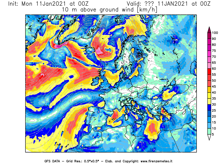 Mappa di analisi GFS - Velocità del vento a 10 metri dal suolo [km/h] in Europa
							del 11/01/2021 00 <!--googleoff: index-->UTC<!--googleon: index-->