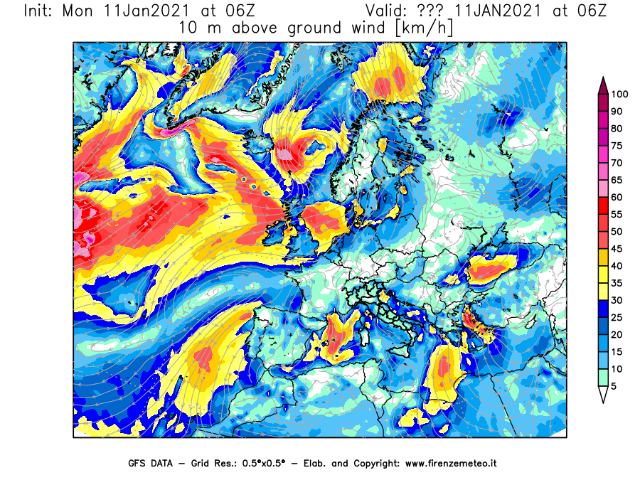 Mappa di analisi GFS - Velocità del vento a 10 metri dal suolo [km/h] in Europa
							del 11/01/2021 06 <!--googleoff: index-->UTC<!--googleon: index-->