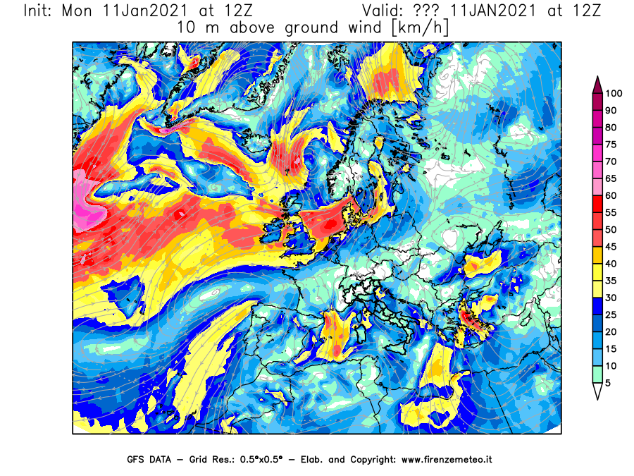 Mappa di analisi GFS - Velocità del vento a 10 metri dal suolo [km/h] in Europa
							del 11/01/2021 12 <!--googleoff: index-->UTC<!--googleon: index-->