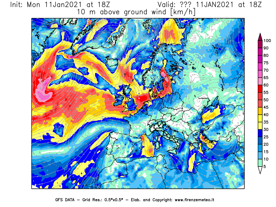 Mappa di analisi GFS - Velocità del vento a 10 metri dal suolo [km/h] in Europa
							del 11/01/2021 18 <!--googleoff: index-->UTC<!--googleon: index-->