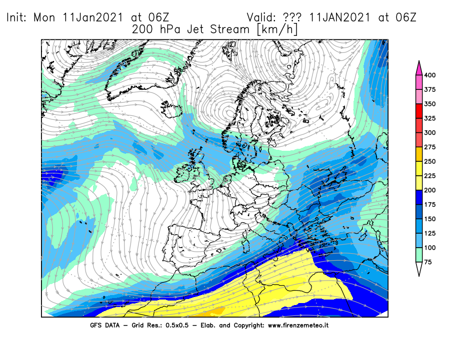 Mappa di analisi GFS - Jet Stream a 200 hPa in Europa
							del 11/01/2021 06 <!--googleoff: index-->UTC<!--googleon: index-->